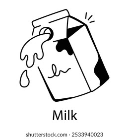 A doodle icon of a milk carton with milk pouring out

