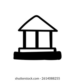 Doodle icon A minimalistic design featuring a bank with a triangular roof and a flat base. The structure's outline is bold and clear, ideal for an artistic or architectural theme. 