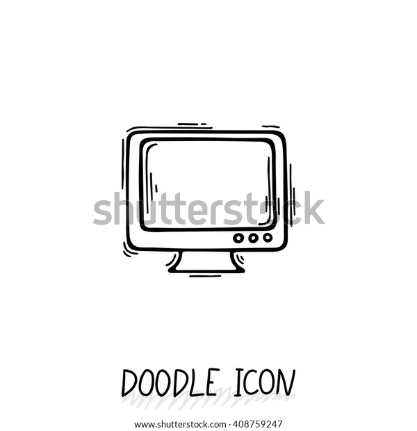 Doodle icon of monitor. Desktop computer,\
monoblock. Office\
pictogram.