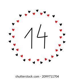 Doodle icon on February 14th. Black and red hand-drawn hearts. Valentine's Day. Background, element for congratulations. Vector illustration.