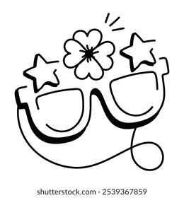 Doodle icon of party glasses with stars and a flower
