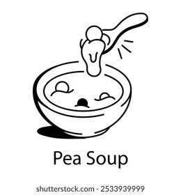 Um ícone de doodle de sopa de ervilha em uma tigela com uma colher mergulhando em

