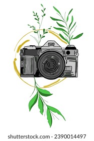 Doodle icon photo camera. Hand drawn sketch in vector with leaf decoration