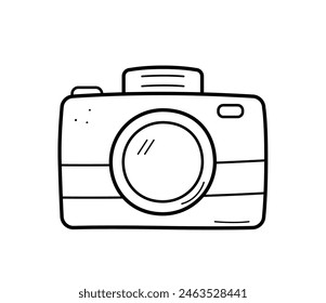 Doodle icon photo camera. Vector illustration of a cartoon professional or amateur camera. Isolated on white.
