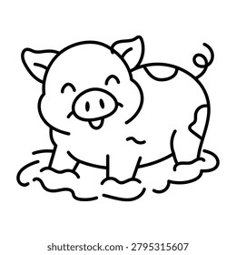 Doodle icon of a pig sitting in a mud puddle.