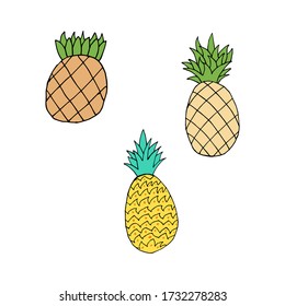 Icono de garabato Juego de piña. Dibujo de contorno de una piña aislada en un fondo blanco. Ilustración de vectores de fruta tropical