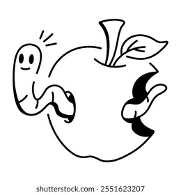 A doodle icon of rotten apple with worm inside it 

