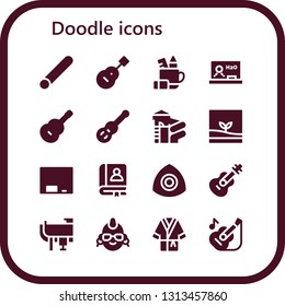 doodle icon set. 16 filled doodle icons.  Simple modern icons about  - Chalk, Guitar, Pencil case, Blackboard, Slide, Terrarium, Faq, Saddle, Punk, Bathrobe