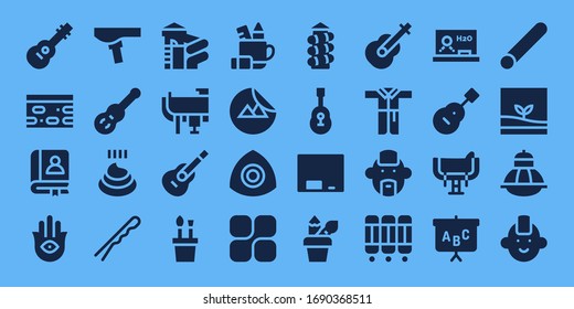 doodle icon set. 32 filled doodle icons. on blue background style Simple modern icons such as: Guitar, Nougat, Faq, Hamsa, Saddle, Poo, Hairpin, Slide, Pencil case, Sticker, Chalk