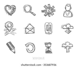 Doodle icon set for it and business applications. Vector graphics, hand-drawn with pencil