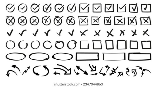 Doodle icon set. Check mark hand drawn with different circle arrows, circles, squares and underlines. Vector illustration.