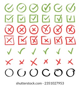 Doodle icon set. Check mark hand drawn with different circle arrows, circles, squares and underlines. Vector illustration.