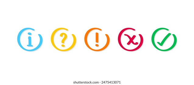 Doodle Icon set of check mark, cross, question mark, exclamation point, information icon. Tick, question, information and answers mark.