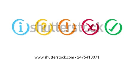 Doodle Icon set of check mark, cross, question mark, exclamation point, information icon. Tick, question, information and answers mark.