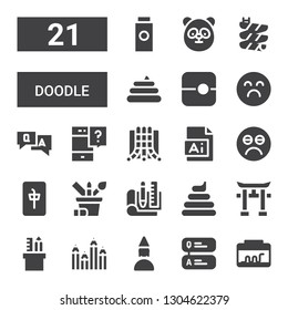 doodle icon set. Collection of 21 filled doodle icons included Terrarium, Question, Birthday girl, Draw, Pencil case, Torii, Poo, Sketching, Mahjong, Sad, Illustration, Slide