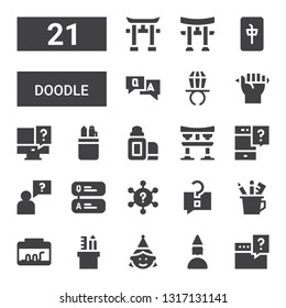 doodle icon set. Collection of 21 filled doodle icons included Question, Birthday girl, Pencil case, Terrarium, Torii, Lip balm, Drawing, Ring pop, Mahjong