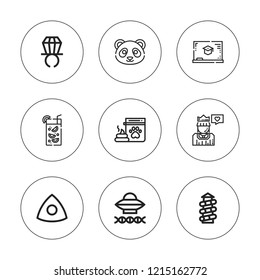 Doodle icon set. collection of 9 outline doodle icons with ancient aliens, chalk, chalkboard, panda, poo, princess, ring pop, slide icons. editable icons.