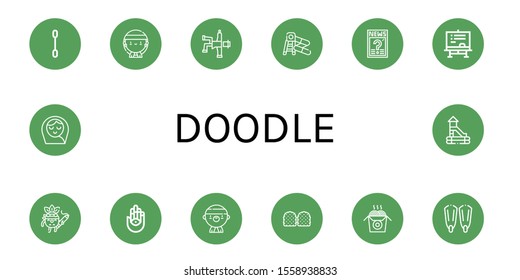 doodle icon set. Collection of Cotton swab, Gangsta, Hip hop, Water slide, Question, Chalkboard, Drawing, Hamsa, Gummy, Noodles, Fins, Baby girl, Slide icons
