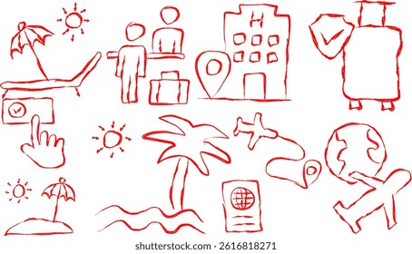 The doodle icon set depicts travel essentials: passport, airplane, air travel map, holiday island, summer beach, booking, insurance, hotel, check-in, beach lounge.