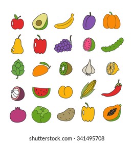 doodle icon set. fruit and vegetables. vector illustration