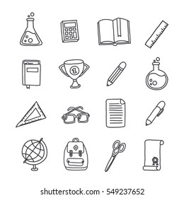 conjunto de iconos de doodle. material escolar. ilustración vectorial