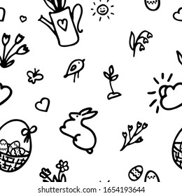 Doodle icon set. Spring pattern in hand drawn style. Seamless texture.