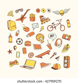 Doodle icon set for teenagers. Colored hand drawn collection. Sport, food, music, multimedia concept. Cool modern design for print, poster, card, notebook, textile, Vector illustration