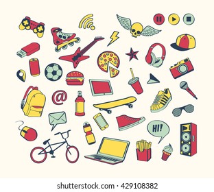 Doodle icon set for teenagers. Colored hand drawn collection. Sport, food, music, multimedia concept. Cool modern design for print, poster, card, notebook, textile, Vector illustration