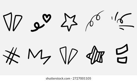 Doodle icon set in vector silhouette style featuring expressive hand-drawn symbols for EPS comic and design templates.