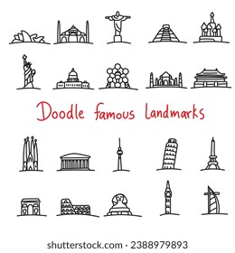 doodle icon set of world landmarks hand drawn isolated on white background  