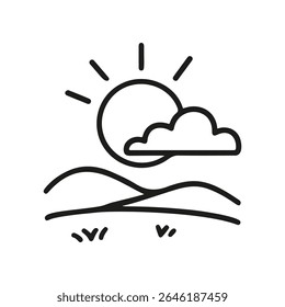 Doodle icon shows a landscape. A sun with rays shines behind a cloud over hills. Grass grows in the foreground. The vector is hand drawn