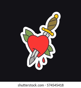 doodle icon, sticker. heart and dagger. traditional tattoo flash. vector illustration
