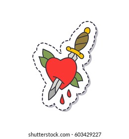 doodle icon, sticker. heart and dagger. traditional tattoo flash. isolated on white background. vector illustration