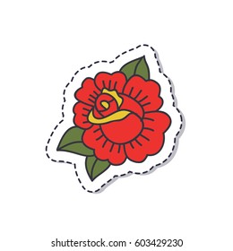 doodle icon, sticker. rose flower. traditional tattoo flash. isolated on white background. vector illustration
