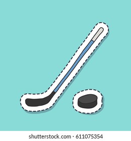 doodle icon, stickers. hockey stick and puck. vector illustration
