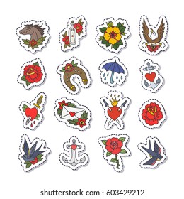 doodle icon, stickers. traditional tattoo flash set. isolated on white background. vector illustration