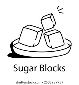Um ícone de doodle de cubos de açúcar em um prato pequeno

