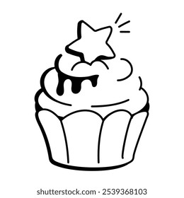 Doodle icon of sweet cupcake with a star on top

