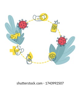 doodle icon in theme of covid-19 prevention items arrange in circle  with copy space
