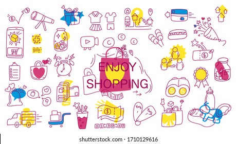 Doodle Icon In Theme Of Online Shopping With Word Enjoy Shopping Inthe Center Contrast With Vivid Color Yellow Pink And Blue 