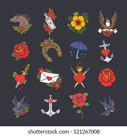 doodle icon. traditional tattoo flash set. vector illustration