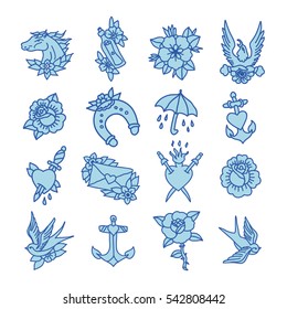 doodle icon. traditional tattoo flash set. vector illustration