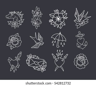 doodle icon. traditional tattoo flash set. vector illustration