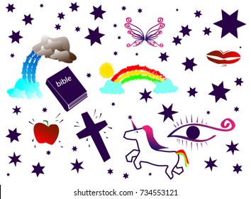 doodle icon, unicorn, rainbow, cross, bible, lips, the eyes, waterfall, apple, wings, star of david