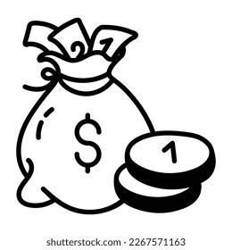 Icono de garabato vector de una bolsa de dinero con monedas