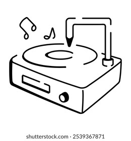 Doodle icon of a vinyl player with a record spinning and music notes
