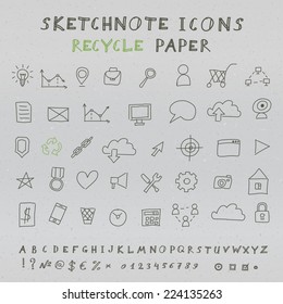 Doodle Icons, Alphabet and Symbols Set. Vector skethnote collection