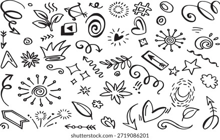 doodle icons, arrows, stars and design elements. Vector set of sketch symbols for bullet journal and note decoration isolated 
