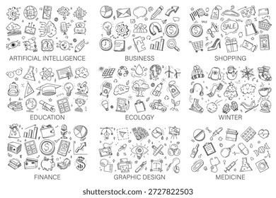 Doodle icons big collection vector isolated. Set of hand-drawn symbols. Education, business, ecology and design. Collection of funny design elements.