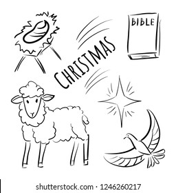 Doodle icons for Christmas - Bible, dove, lamb, child, star